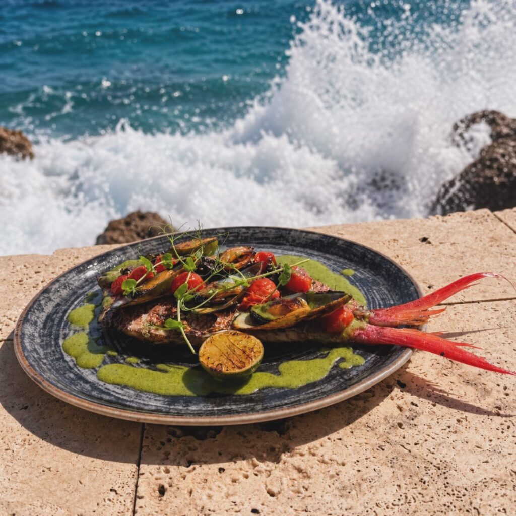 Char-grilled fish at Saint Tropez Ocean Club, with the Caribbean sea behind it