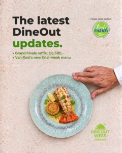 DineOut updates: Grand Finale raffle, Cg 500, and Van Rooi’s final-week menu. Illustrative lobster dish on a turquoise plate.