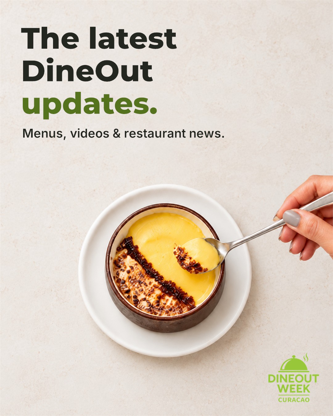 The latest DineOut updates: menus, videos and restaurant news, on a white dessert background.
